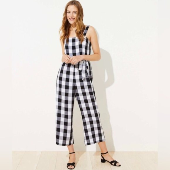 LOFT Pants - Loft Black & White Gingham Smocked Belted Jumpsuit I Size SP